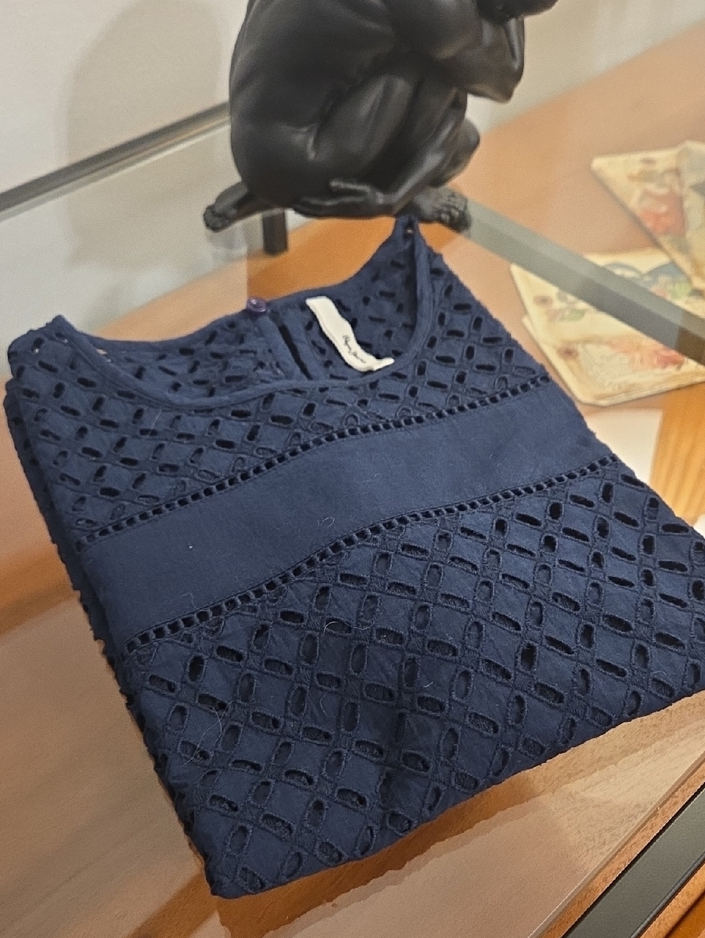 Pepe Jeans Navy Eyelet Short Sleeve Top